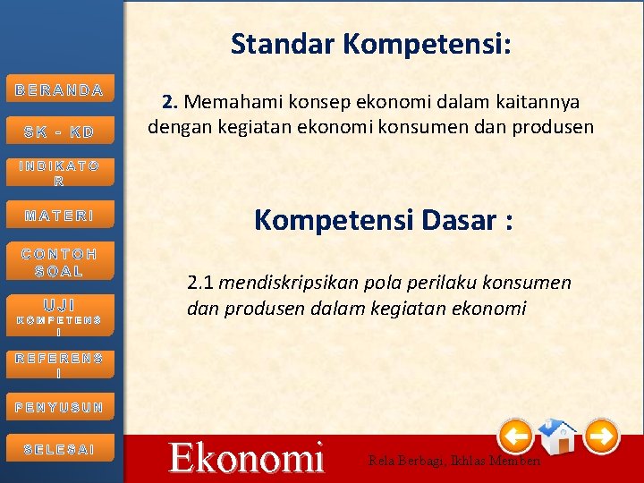 Standar Kompetensi: 2. Memahami konsep ekonomi dalam kaitannya dengan kegiatan ekonomi konsumen dan produsen