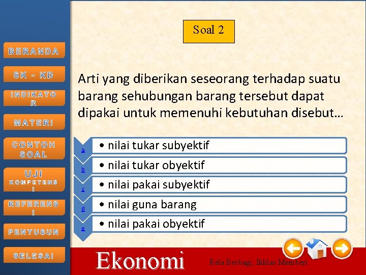 Soal 2 Arti yang diberikan seseorang terhadap suatu barang sehubungan barang tersebut dapat dipakai