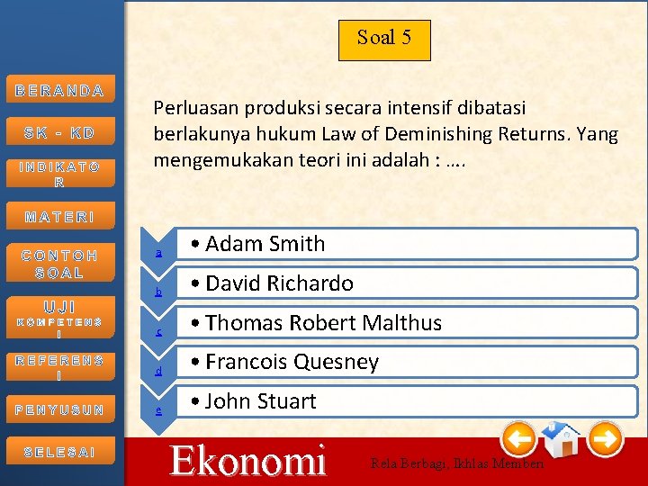 Soal 5 Perluasan produksi secara intensif dibatasi berlakunya hukum Law of Deminishing Returns. Yang