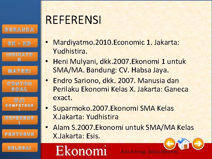 REFERENSI • Mardiyatmo. 2010. Economic 1. Jakarta: Yudhistira. • Heni Mulyani, dkk. 2007. Ekonomi