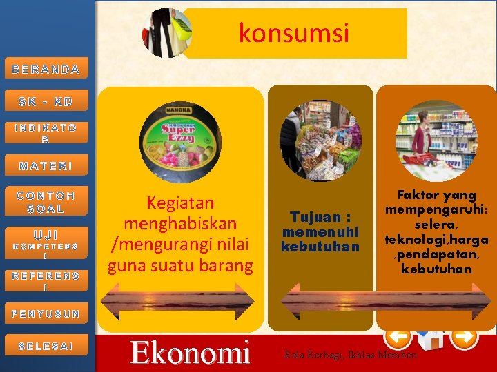 konsumsi Kegiatan menghabiskan /mengurangi nilai guna suatu barang 10/15/2021 Ekonomi Tujuan : memenuhi kebutuhan