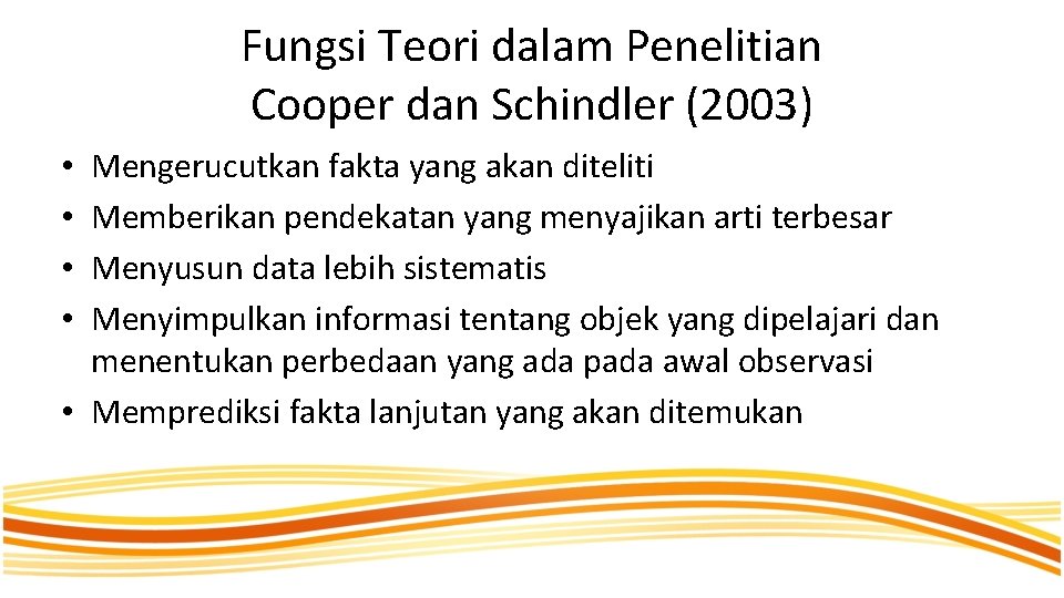 Fungsi Teori dalam Penelitian Cooper dan Schindler (2003) Mengerucutkan fakta yang akan diteliti Memberikan