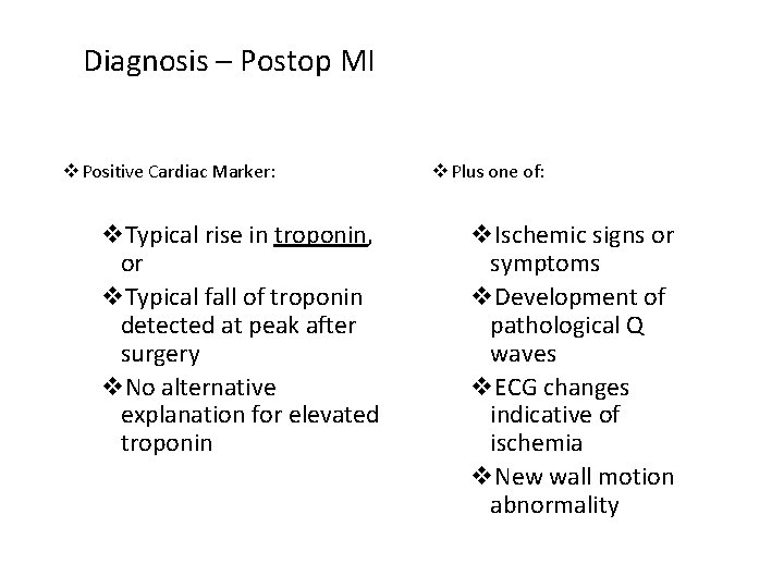 Diagnosis – Postop MI v Positive Cardiac Marker: v. Typical rise in troponin, or