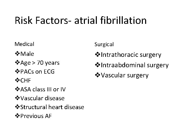 Risk Factors- atrial fibrillation Medical Surgical v. Male v. Age > 70 years v.
