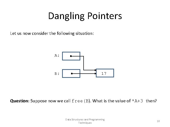 Dangling Pointers Let us now consider the following situation: A: B: 17 . Question: