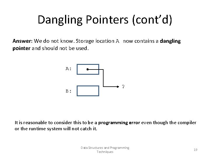 Dangling Pointers (cont’d) Answer: We do not know. Storage location A now contains a