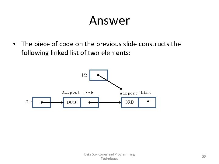 Answer • The piece of code on the previous slide constructs the following linked