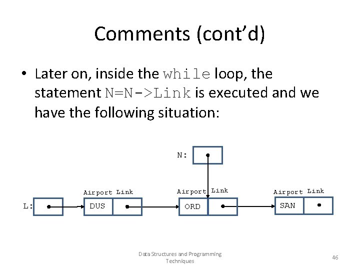 Comments (cont’d) • Later on, inside the while loop, the statement N=N->Link is executed