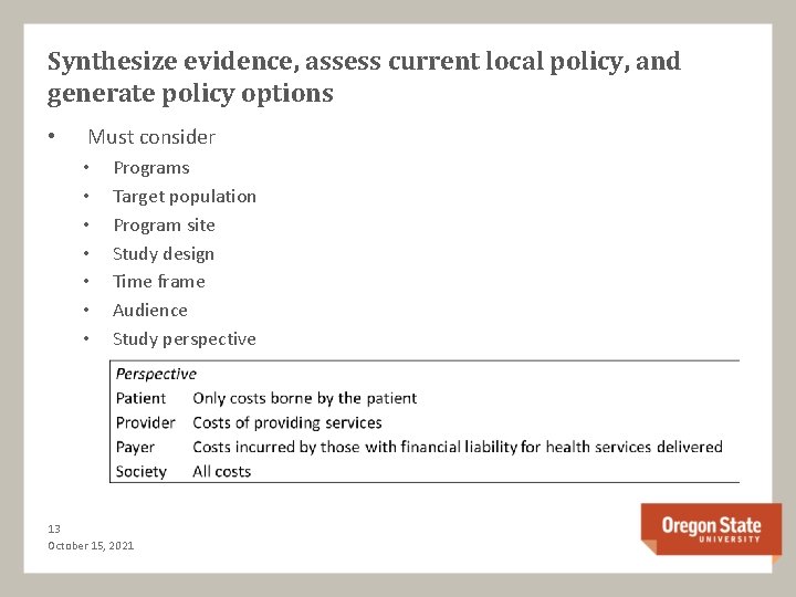 Synthesize evidence, assess current local policy, and generate policy options • Must consider •