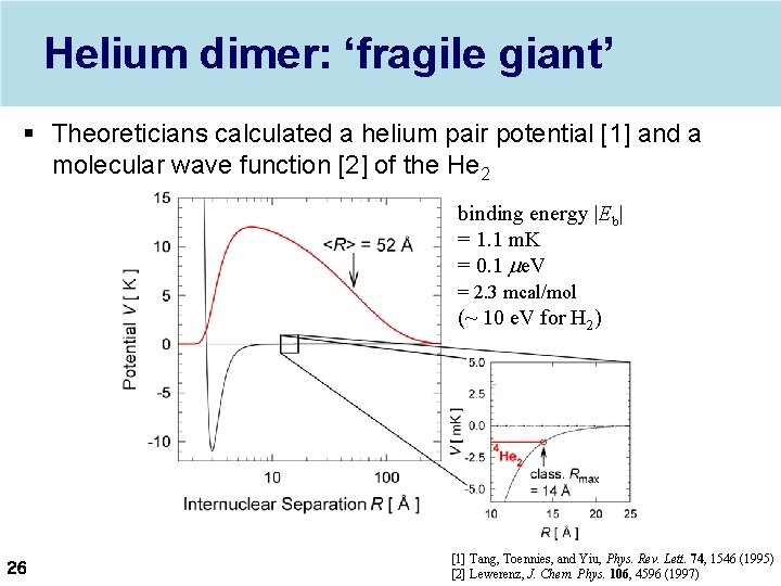 Helium dimer: ‘fragile giant’ § Theoreticians calculated a helium pair potential [1] and a