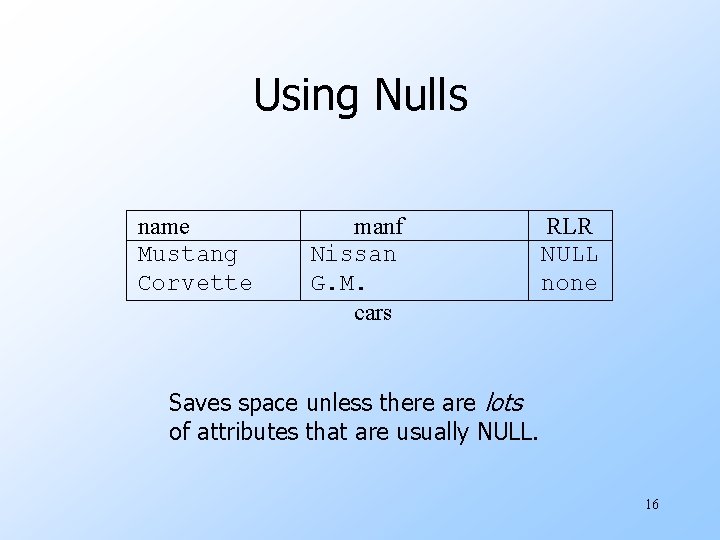 Using Nulls name Mustang Corvette manf Nissan G. M. cars RLR NULL none Saves