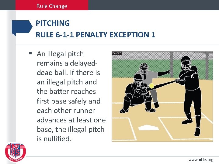 Rule Change PITCHING RULE 6 -1 -1 PENALTY EXCEPTION 1 § An illegal pitch