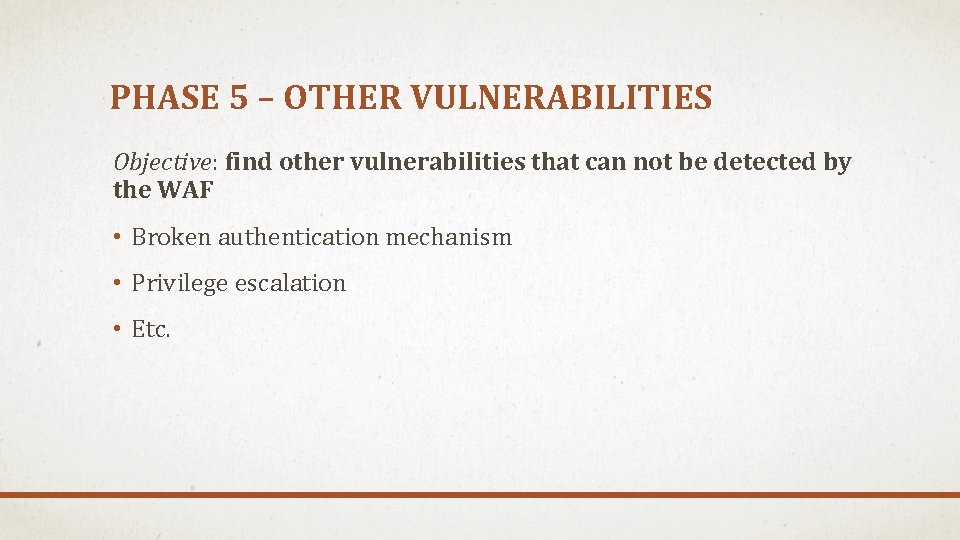 PHASE 5 – OTHER VULNERABILITIES Objective: find other vulnerabilities that can not be detected