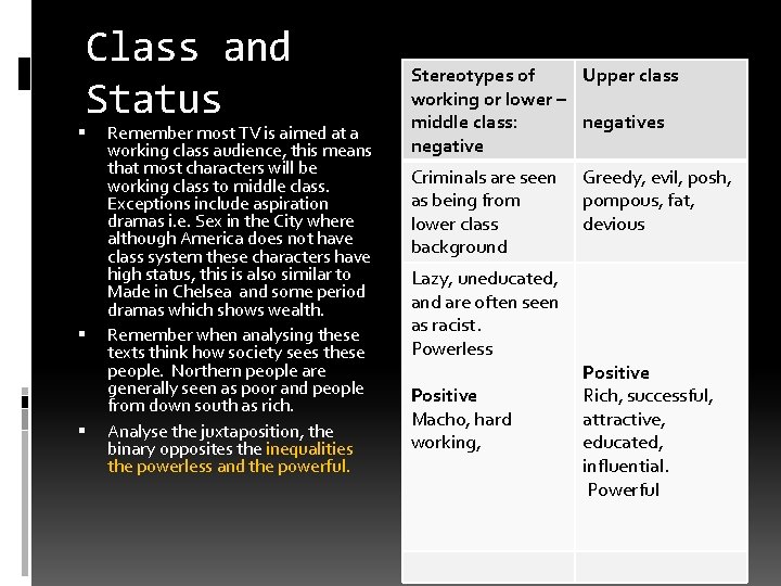 Class and Status Remember most TV is aimed at a working class audience, this