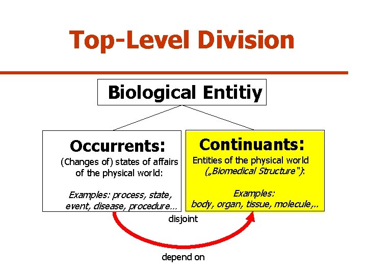 Top-Level Division Biological Entitiy Continuants: Occurrents: (Changes of) states of affairs of the physical