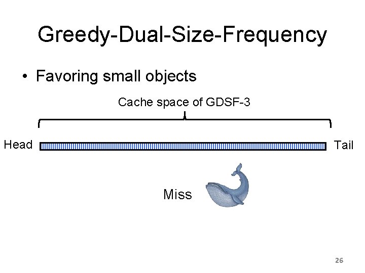 Greedy-Dual-Size-Frequency • Favoring small objects Cache space of GDSF-3 Head Tail Miss 26 