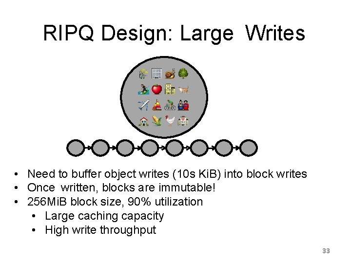 RIPQ Design: Large Writes • Need to buffer object writes (10 s Ki. B)