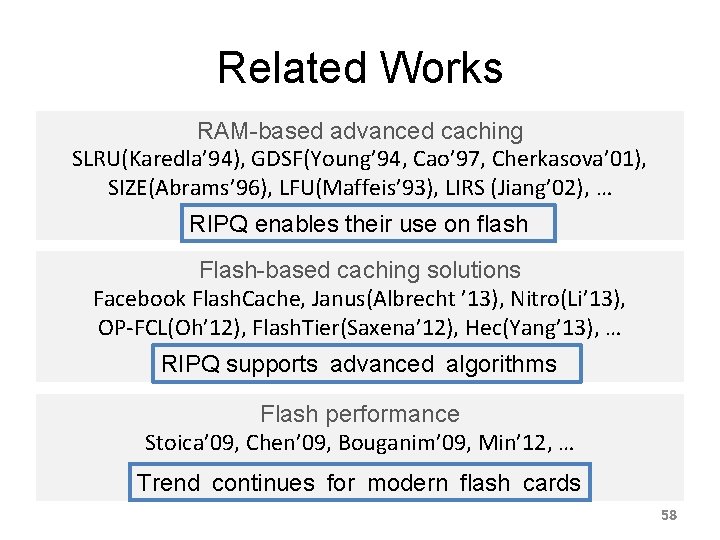 Related Works RAM-based advanced caching SLRU(Karedla’ 94), GDSF(Young’ 94, Cao’ 97, Cherkasova’ 01), SIZE(Abrams’