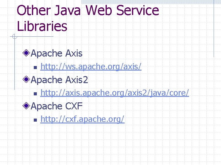 Other Java Web Service Libraries Apache Axis n http: //ws. apache. org/axis/ Apache Axis