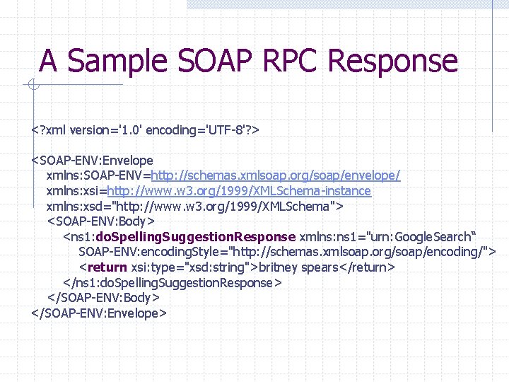 A Sample SOAP RPC Response <? xml version='1. 0' encoding='UTF-8'? > <SOAP-ENV: Envelope xmlns: