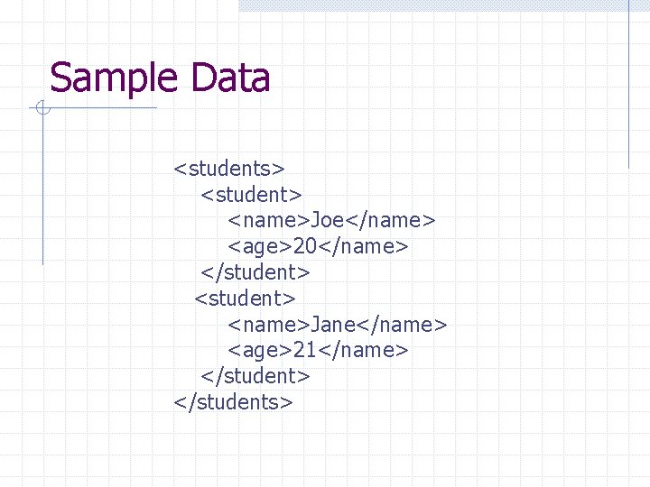 Sample Data <students> <student> <name>Joe</name> <age>20</name> </student> <name>Jane</name> <age>21</name> </students> 