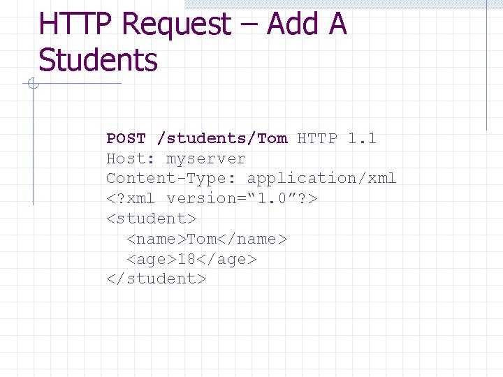 HTTP Request – Add A Students POST /students/Tom HTTP 1. 1 Host: myserver Content-Type: