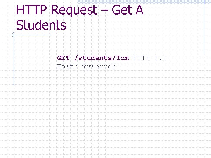 HTTP Request – Get A Students GET /students/Tom HTTP 1. 1 Host: myserver 