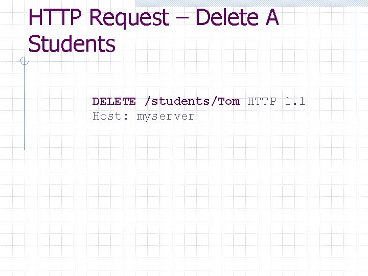 HTTP Request – Delete A Students DELETE /students/Tom HTTP 1. 1 Host: myserver 