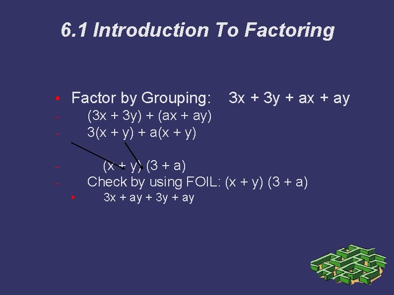 6. 1 Introduction To Factoring • Factor by Grouping: 3 x + 3 y