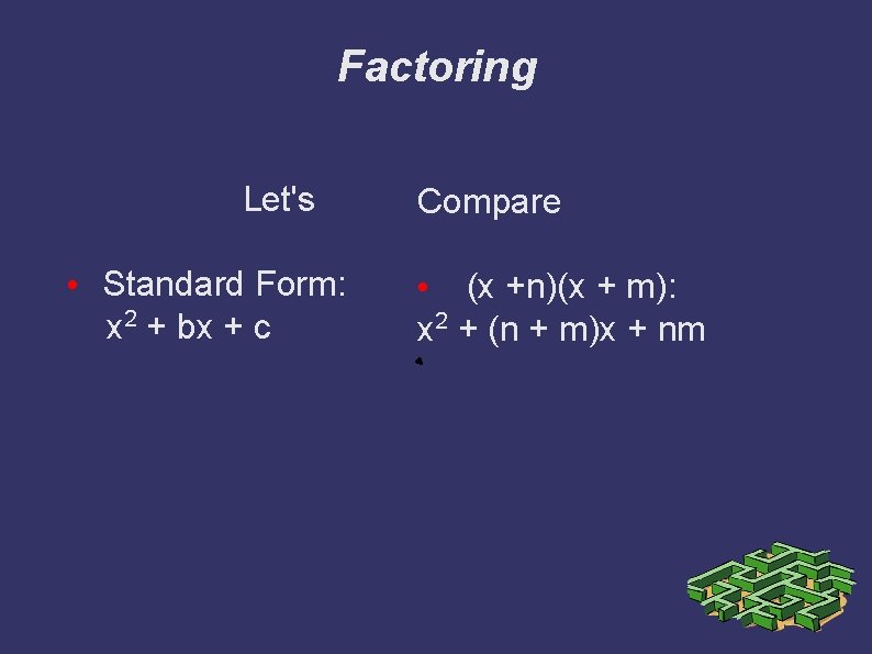 Factoring Let's • Standard Form: x 2 + bx + c Compare • (x