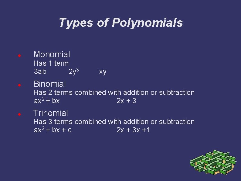 Types of Polynomials Monomial Has 1 term 3 ab 2 y 3 xy Binomial