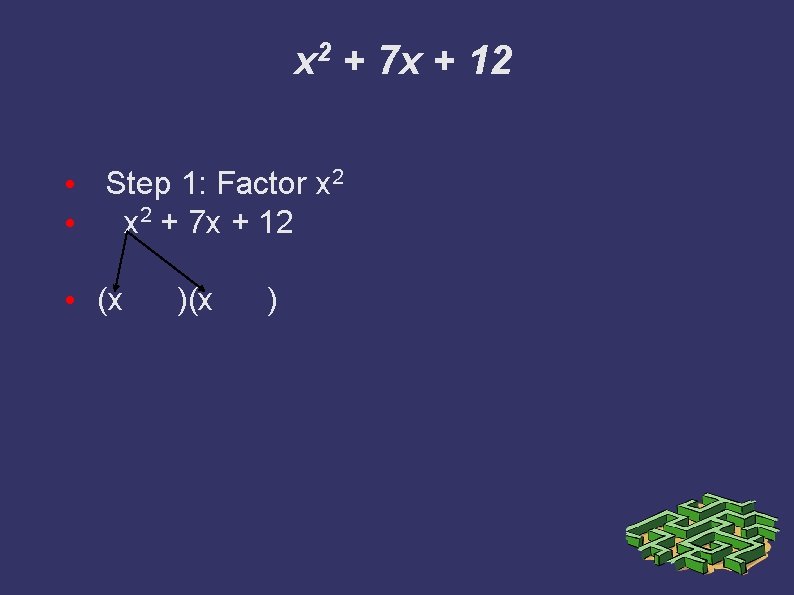 x 2 + 7 x + 12 • Step 1: Factor x 2 •