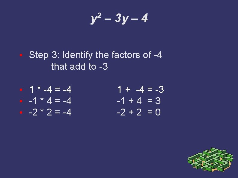 y 2 – 3 y – 4 • Step 3: Identify the factors of