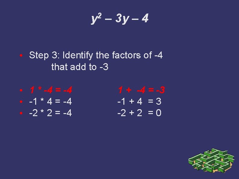 y 2 – 3 y – 4 • Step 3: Identify the factors of