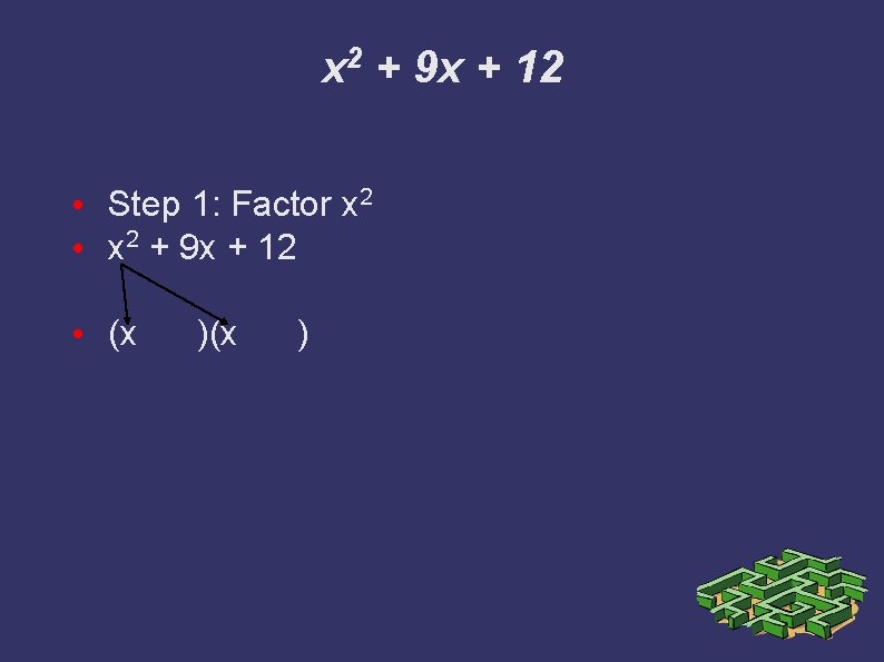 x 2 + 9 x + 12 • Step 1: Factor x 2 •