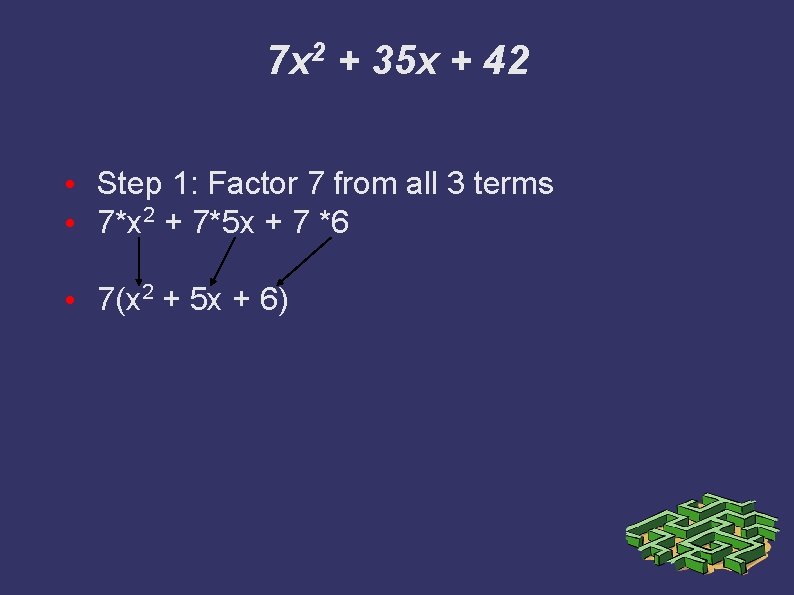 7 x 2 + 35 x + 42 • Step 1: Factor 7 from