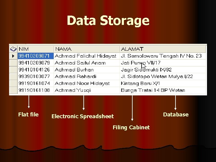 Data Storage Flat file Electronic Spreadsheet Filing Cabinet Database 