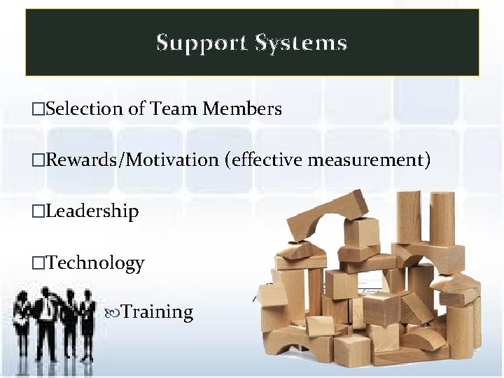 Support Systems �Selection of Team Members �Rewards/Motivation (effective measurement) �Leadership �Technology Training 