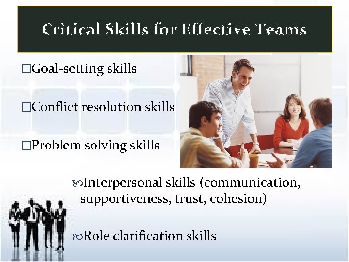 Critical Skills for Effective Teams �Goal-setting skills �Conflict resolution skills �Problem solving skills Interpersonal
