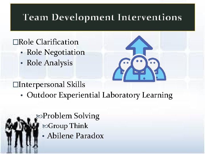 Team Development Interventions �Role Clarification • Role Negotiation • Role Analysis �Interpersonal Skills •