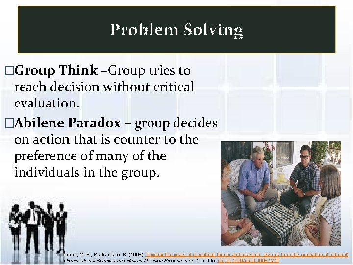 Problem Solving �Group Think –Group tries to reach decision without critical evaluation. �Abilene Paradox
