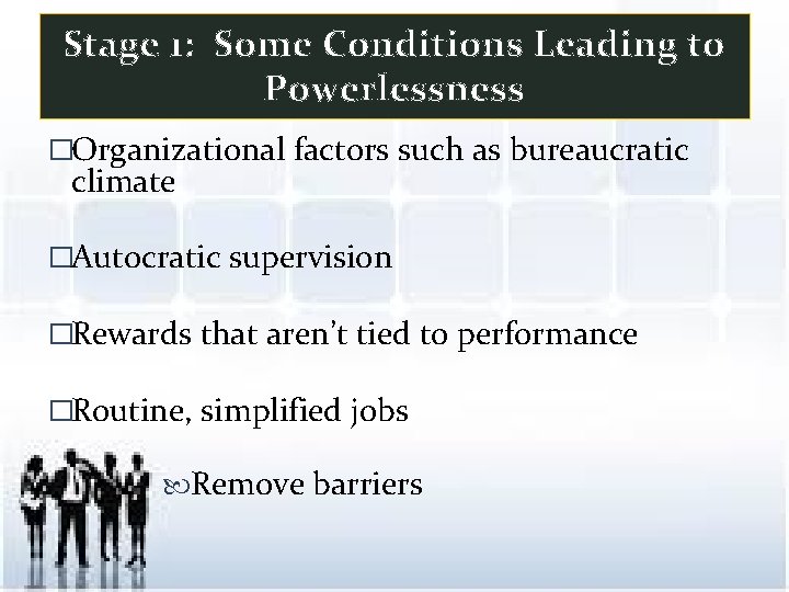 Stage 1: Some Conditions Leading to Powerlessness �Organizational factors such as bureaucratic climate �Autocratic