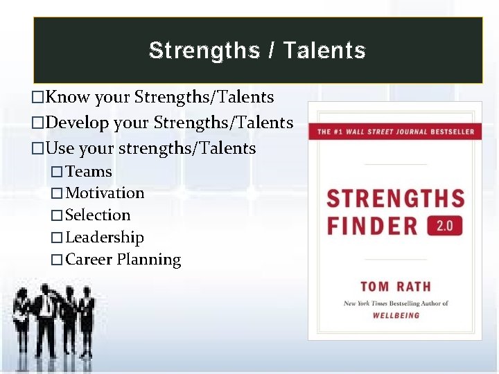 Strengths / Talents �Know your Strengths/Talents �Develop your Strengths/Talents �Use your strengths/Talents � Teams