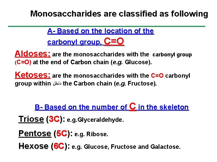 Monosaccharides are classified as following A- Based on the location of the carbonyl group,