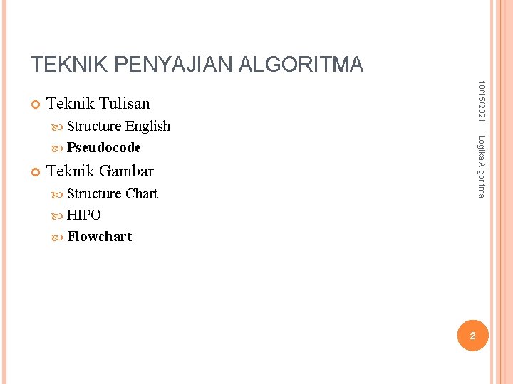 TEKNIK PENYAJIAN ALGORITMA 10/15/2021 Teknik Tulisan Structure Logika Algoritma English Pseudocode Teknik Gambar Structure TEKNIK PENYAJIAN ALGORITMA 10/15/2021 Teknik Tulisan Structure Logika Algoritma English Pseudocode Teknik Gambar Structure