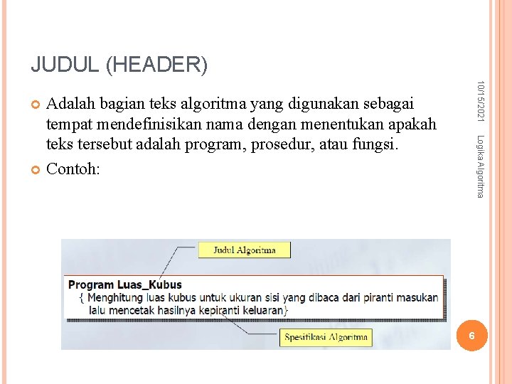 JUDUL (HEADER) 10/15/2021 Adalah bagian teks algoritma yang digunakan sebagai tempat mendefinisikan nama dengan JUDUL (HEADER) 10/15/2021 Adalah bagian teks algoritma yang digunakan sebagai tempat mendefinisikan nama dengan
