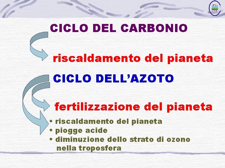 CICLO DEL CARBONIO riscaldamento del pianeta CICLO DELL’AZOTO fertilizzazione del pianeta • riscaldamento del