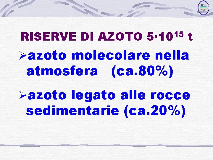 RISERVE DI AZOTO 5· 1015 t Øazoto molecolare nella atmosfera (ca. 80%) Øazoto legato