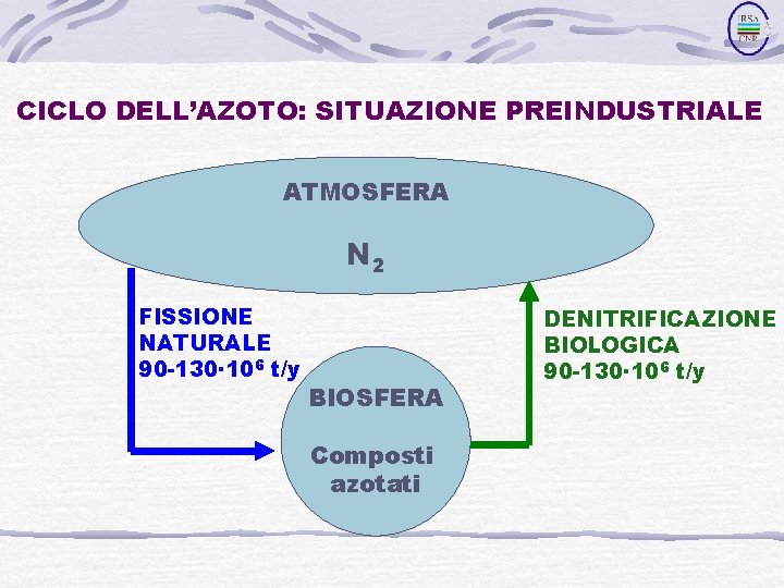 CICLO DELL’AZOTO: SITUAZIONE PREINDUSTRIALE ATMOSFERA N 2 FISSIONE NATURALE 90 -130· 106 t/y BIOSFERA