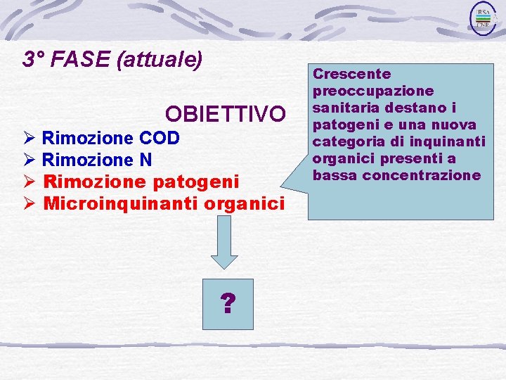 3° FASE (attuale) OBIETTIVO Ø Rimozione COD Ø Rimozione N Ø Rimozione patogeni Ø